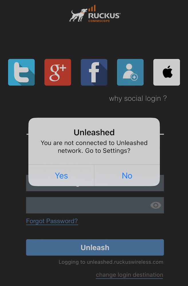 Error message when logging into app