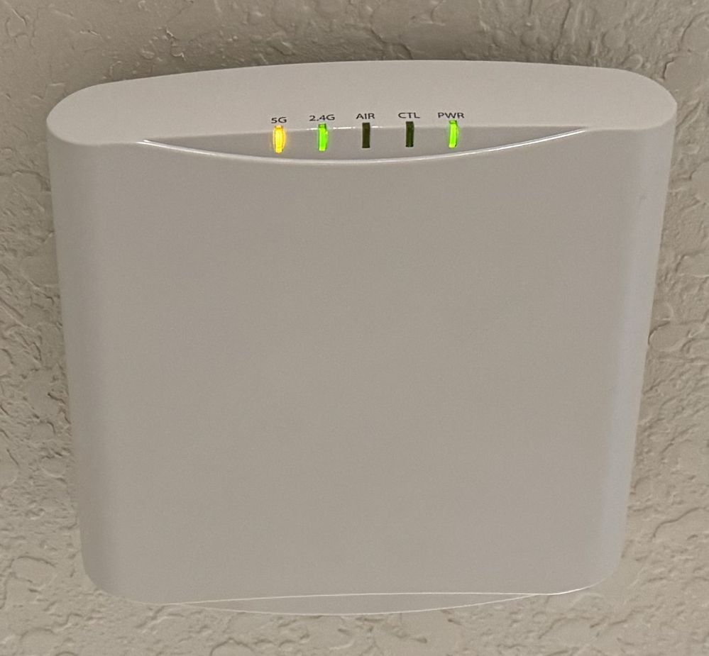 Ruckus AP located at Upstairs - Yellow light for 5 G, Green light for 2.4 G and Power